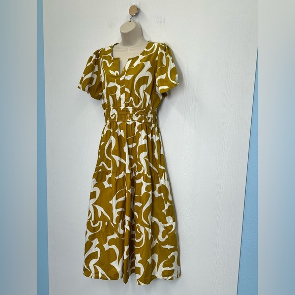Meadow Rhodes - Mustard And White Fun Pattern V Neck Tiered Maxi Dress Size Med - Picture 4 of 10